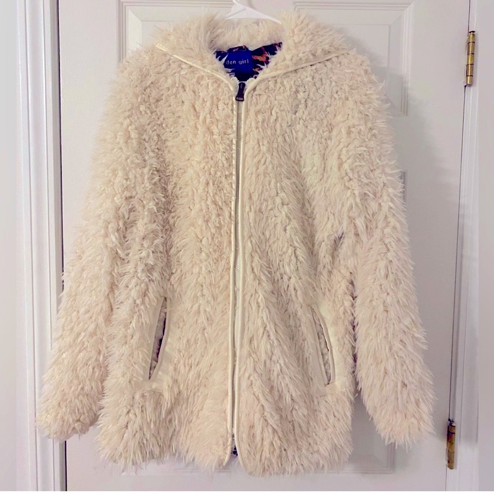 Madden Girl Faux Fur White Hooded Zip-up Jacket